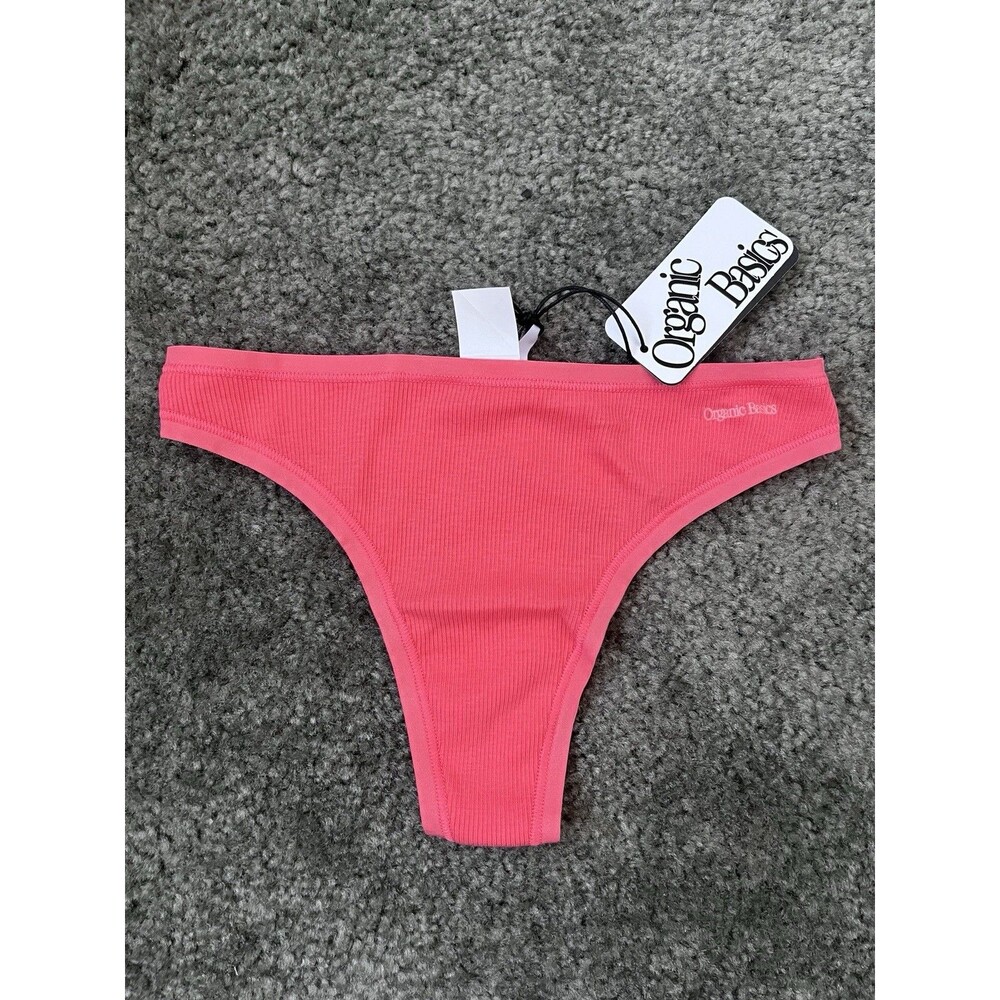 Organic Basics Ribbed Thong Panty Organic Cotton Pink XS Logo Accent
